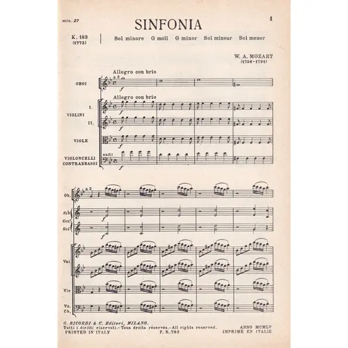 Sinfonia In Sol Min - Kv 183  ( study score )