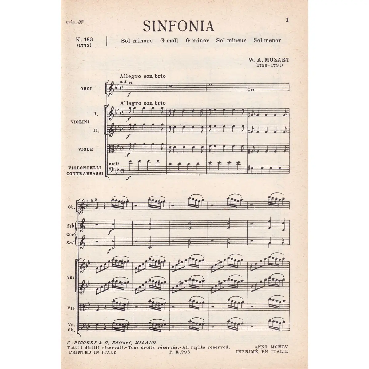 Sinfonia In Sol Min - Kv 183  ( study score )