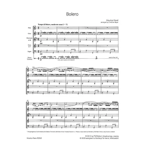 Bolero for wind quintet (Flute, oboé, clarinet, Horn and Bassoon) - Score and Parts