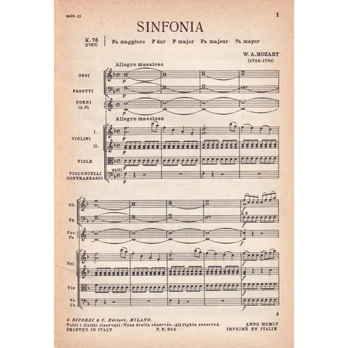 Sinfonia In Fa Maj - Kv 76  (partitura de bolso)
