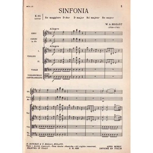 Sinfonia In Re - Kv 84  (partitura de bolso)