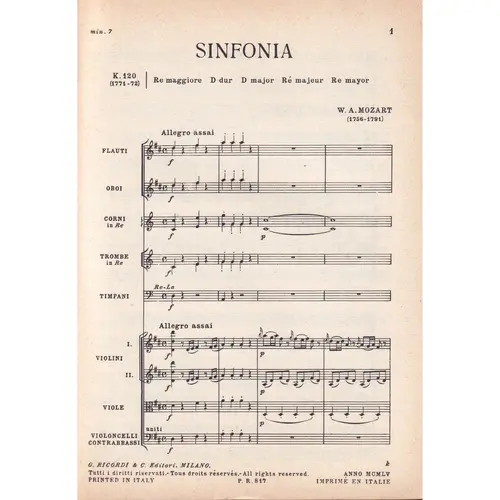 Sinfonia In Re - Kv 120  (partitura de bolso)