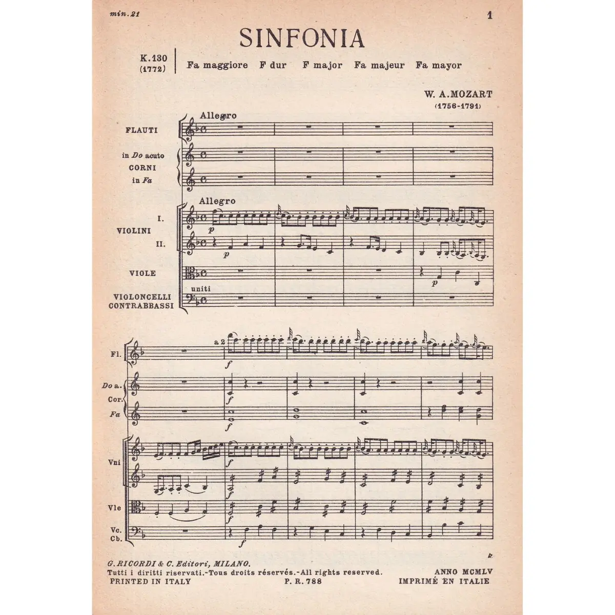 Sinfonia In Fa Maj - Kv 130  (partitura de bolso)