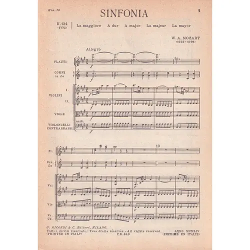 Sinfonia In La Maj - Kv 134  (partitura de bolso)