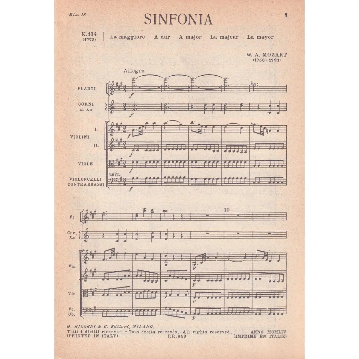 Sinfonia In La Maj - Kv 134  (partitura de bolso)