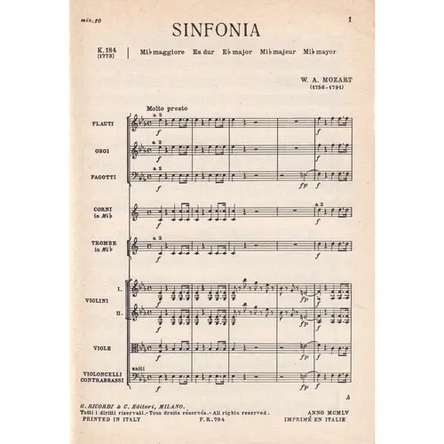 Sinfonia In Mi Bem.Mag. - Kv 184  ( study score )