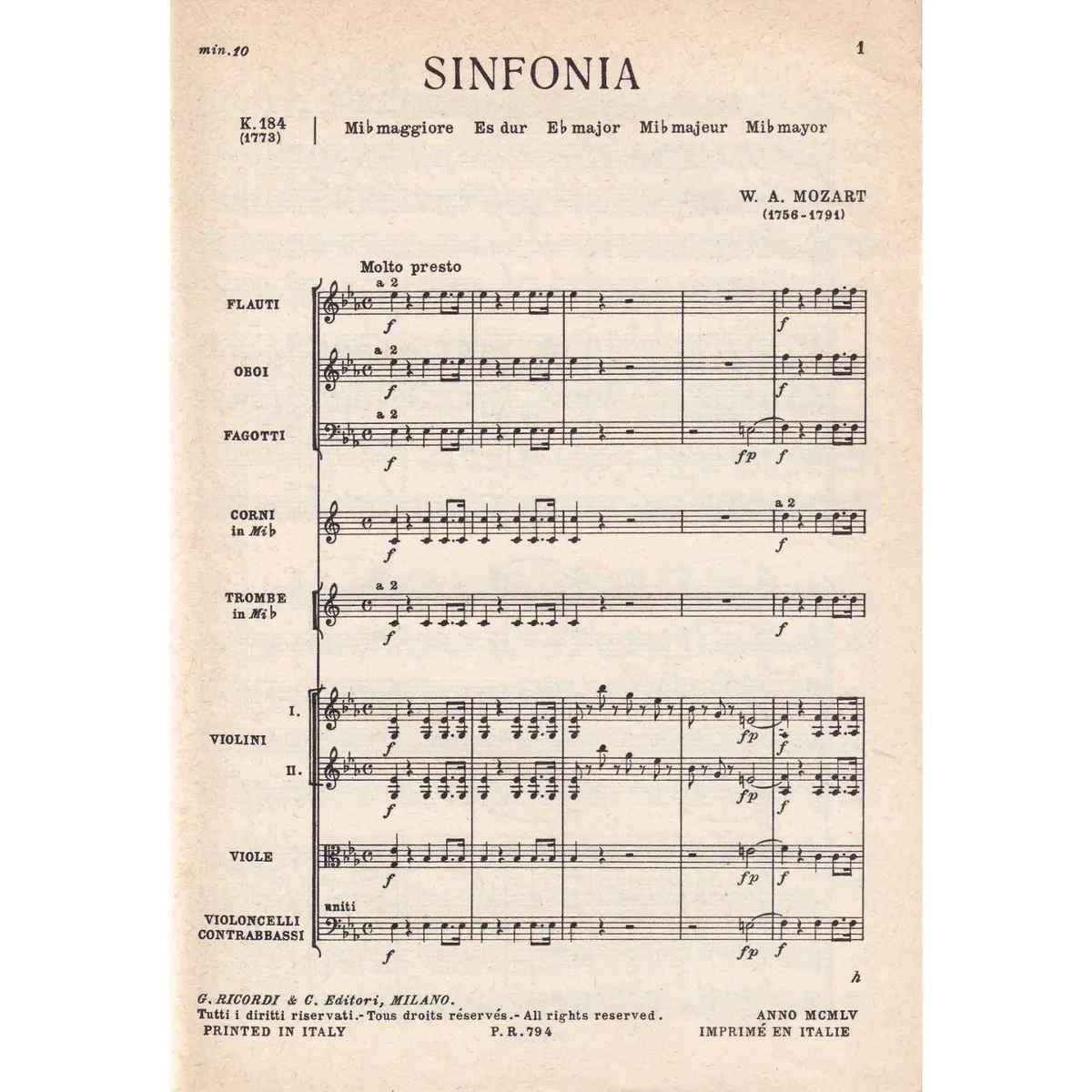 Sinfonia In Mi Bem.Mag. - Kv 184  ( study score )