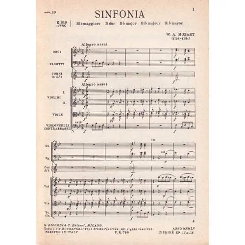 Sinfonia In Si Bem.Mag. - Kv 319  ( study score )