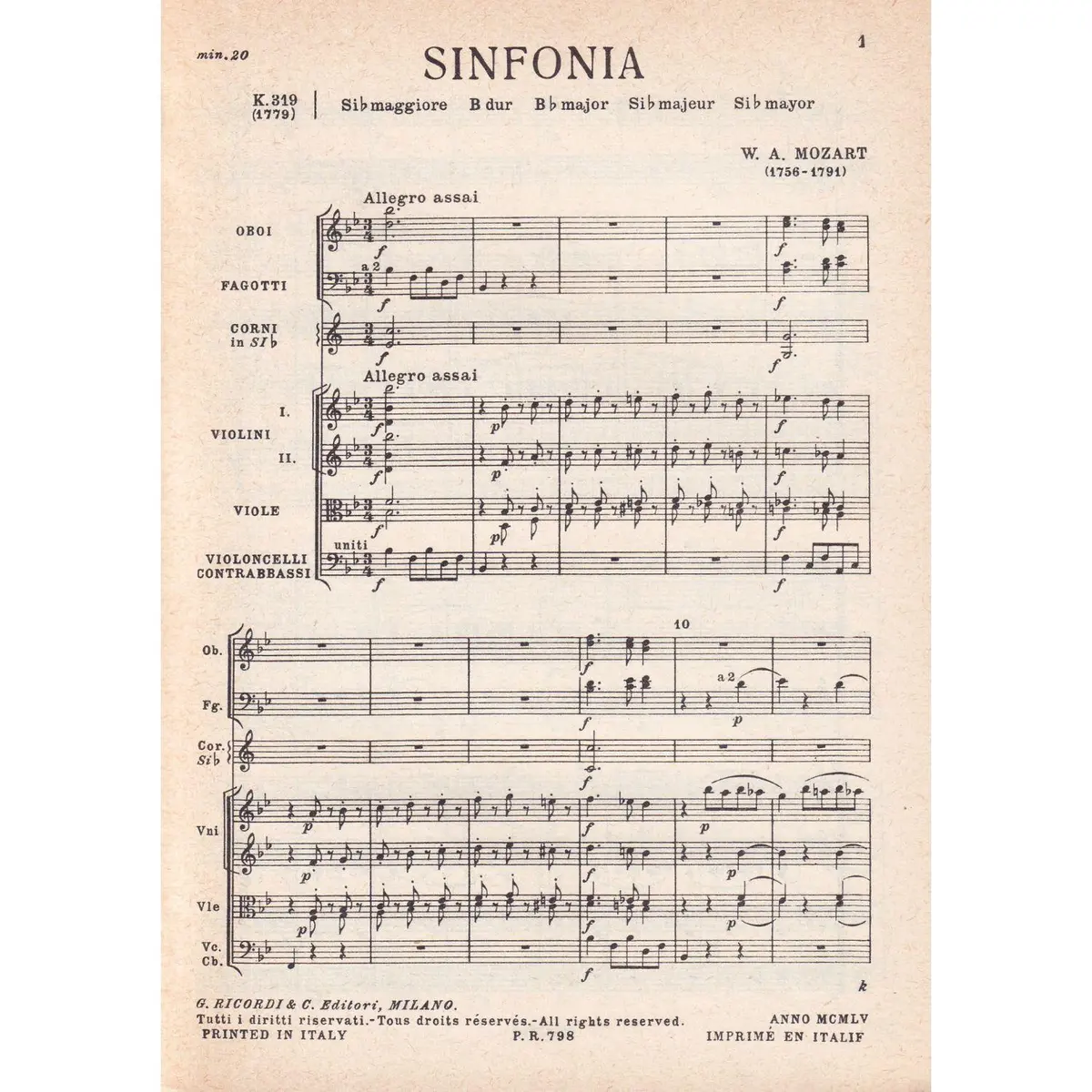 Sinfonia In Si Bem.Mag. - Kv 319  ( study score )