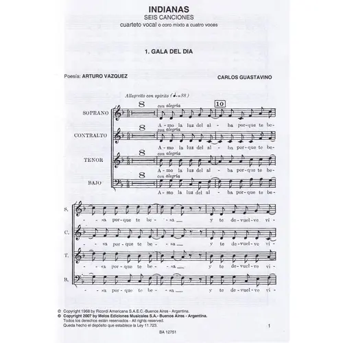Indianas - seis canciones - cuarteto vocal o coro mixto a cuatro voces