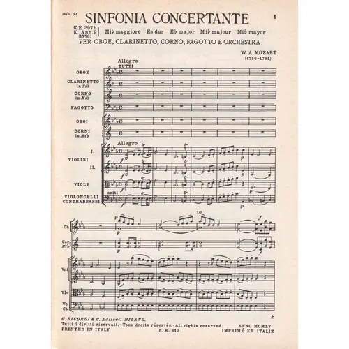 Sinfonia Concertante In Mib Maj - Kv 297 B. (partitura de bolso)