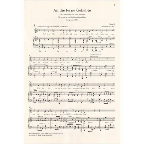 To the Distant Beloved op. 98 for Voice and Piano - Medium voice