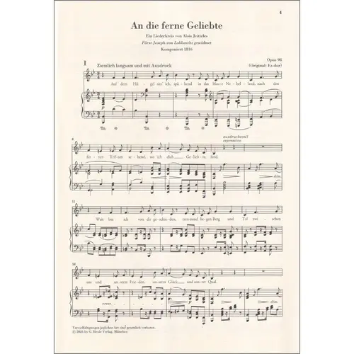 To the Distant Beloved op. 98 for Voice and Piano - Low Voice