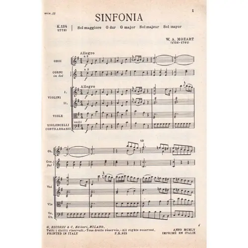 Sinfonia In Sol - Kv 124  (partitura de bolso)