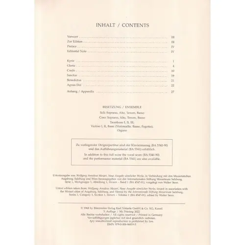 Missa Brevis In D - Kv 65 (61 A) - Score