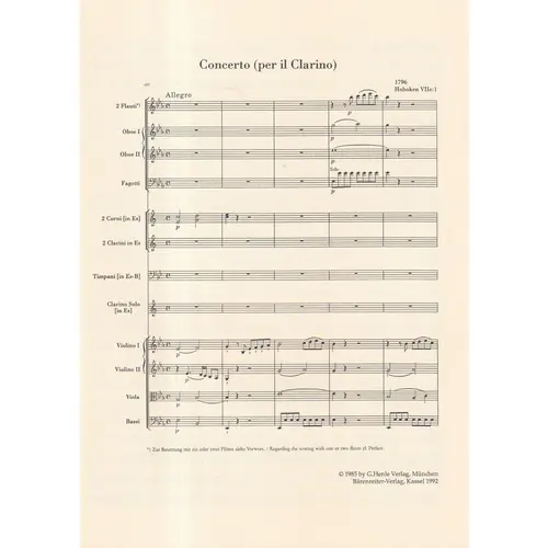 Concerto in E-flat major Hob.VIIe:1 for trumpet and orchestra  - study score