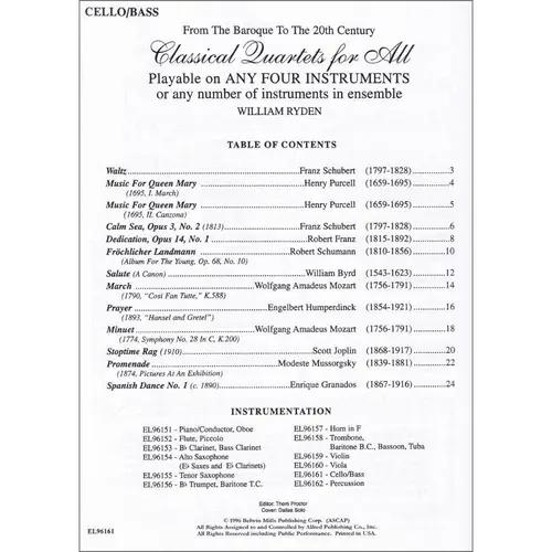 Classical Quartets For All - Cello/Bass