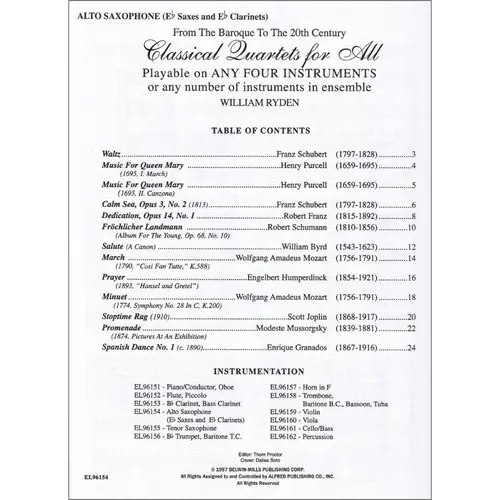Classical Quartets For All - Alto Saxophone (Eb Saxes And Ebs Clarinets)