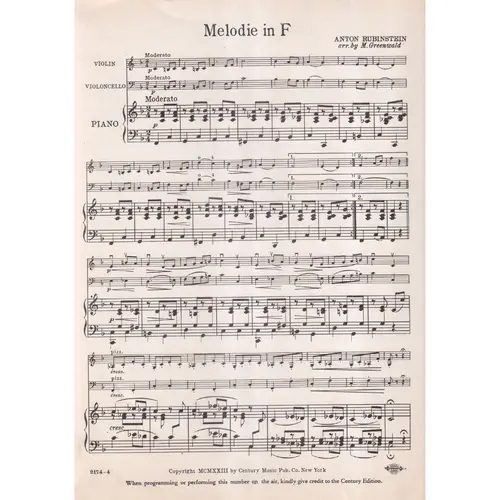 Melody in F - violin, cello and piano