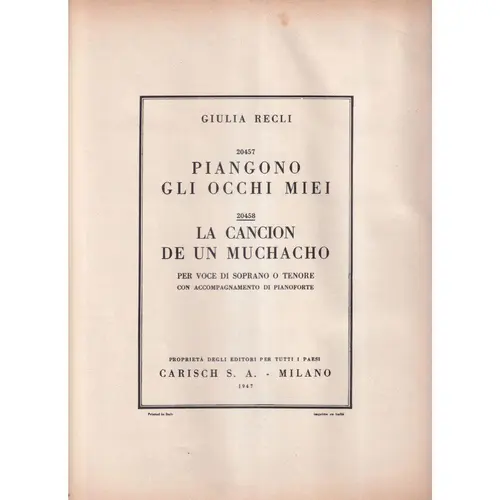 La Cancion De Un Muchacho  para canto (soprano ou tenor) e piano