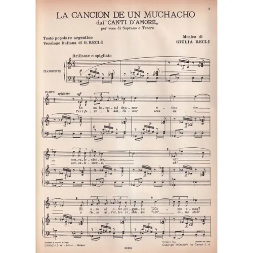 La Cancion De Un Muchacho  para canto (soprano ou tenor) e piano
