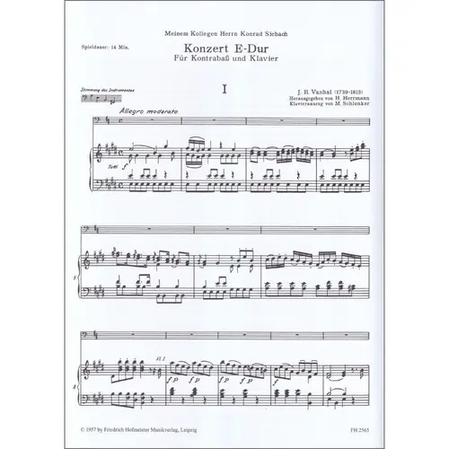 Konzert for Double Bass and Orchestra in E major - Piano Reduction