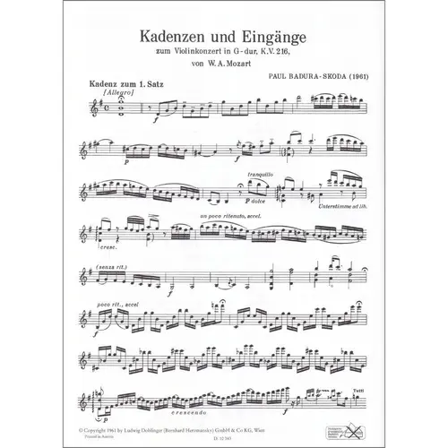 Kadenzen und Eingance zum Violinkonzert G-Dur Kv.216