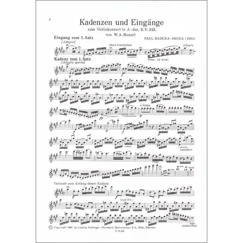 Kadenzen und Eingance zum Violinkonzert A-Dur Kv.219