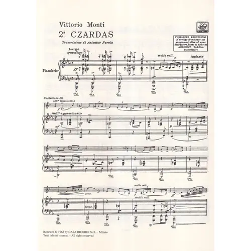 2A Czardas Per Clarinetto In Sib E Pianoforte