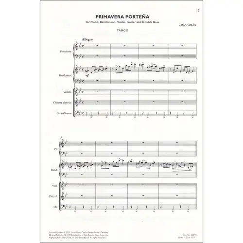 Primavera Portena for Piano, Bandoneon, Violin, Guitar And Double Bass (Score)