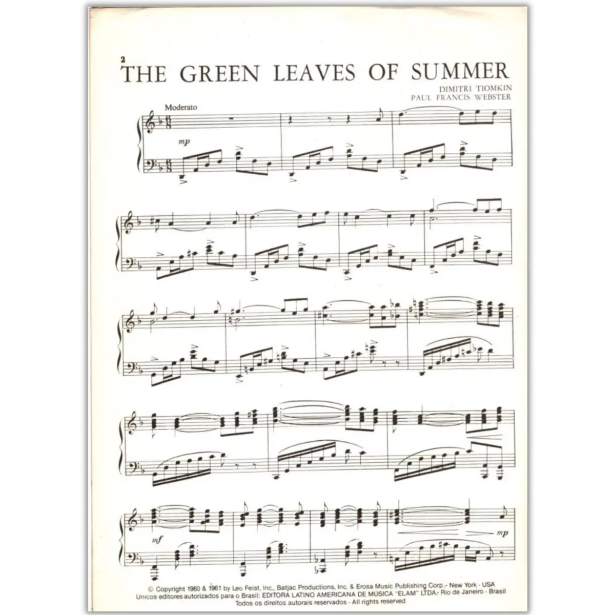 The Green Leaves Of Summer (Piano) -   Exemplar Antigo