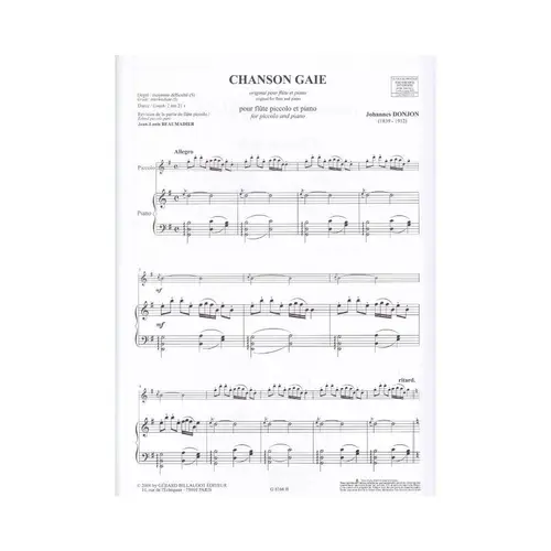 Chanson Gaie Pour Flute Piccolo Et Piano