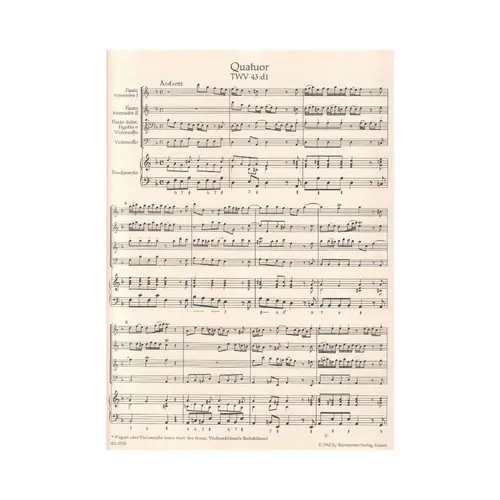 Quartet in D minor for two flutes, recorder (bassoon,violoncello) , violoncello and basso continuo TWV 43:d1