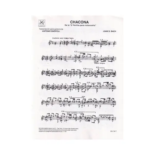 Chacona Da Segunda Partita Para Violoncelo - Original Para Violino
