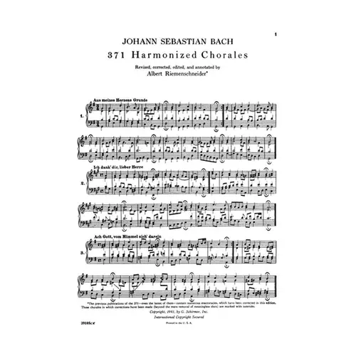 371 Harmonized Chorales And 69 Chorale Melodies With Figured Bass - Piano Solo