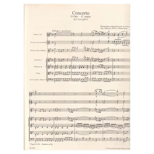 Concerto In G Major For Flute And Orchestra (Kv 313 - 285C) - Score
