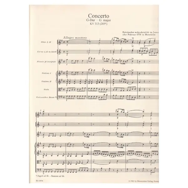 Concerto In G Major For Flute And Orchestra (Kv 313 - 285C) - Score