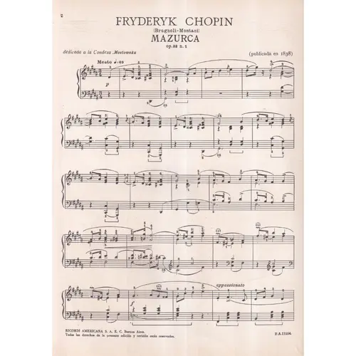 Mazurca - Op.33 N.1 para piano - Rev. Brugnoli - Montani - Exemplar Antigo