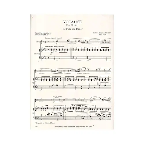 Vocalise For Flute And Piano - Op.34 N.14
