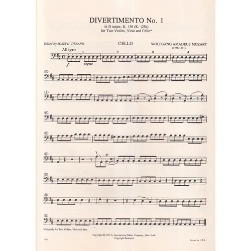 Three Divertimenti - Kv 136,  Kv 137, Kv 138 (K.125A, 125B E 125C) - Parts