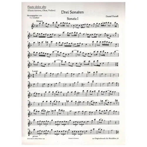 Drei Sonaten Fur Altblockflote und basso Continuo