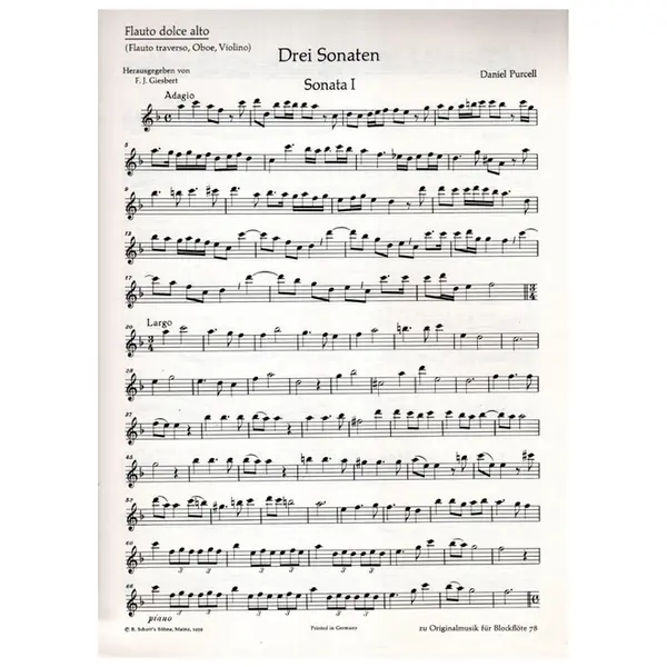 Drei Sonaten Fur Altblockflote und basso Continuo