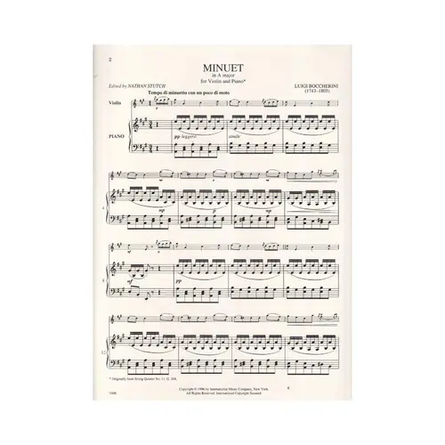 Minuet In A Major From String Quintet N.11 - G.308 For Violin And Piano