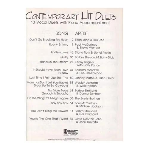 Contemporary Hit Duets - 13 Vocal Duets