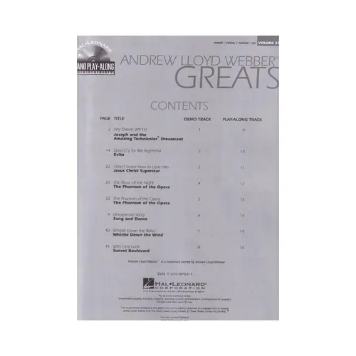 Andrew Lloyd Webber Greats - Piano Play-Along V.27