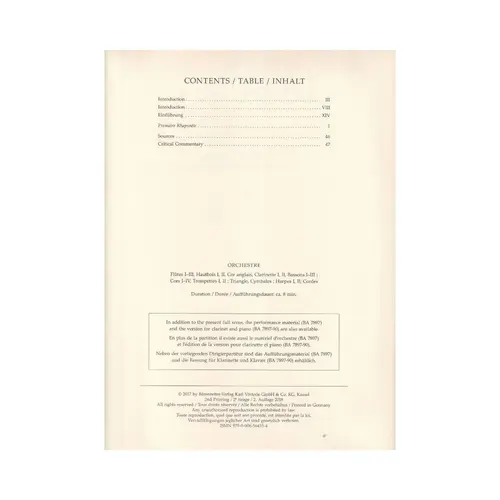 Première Rhapsodie for Orchestra with Solo Clarinet in B-flat - score