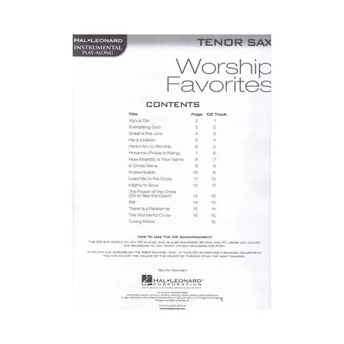 Worship Favorites - Tenor Sax -  Instrumental Play-Along