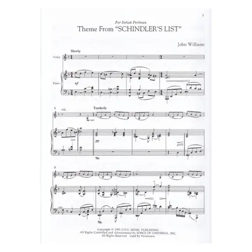 Three Pieces From Schindlers List - Violin And Piano