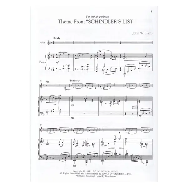 Three Pieces From Schindlers List - Violin And Piano