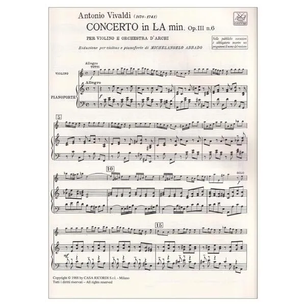 Concerto In A Minor For Violin Strings And Basso Continuo RV 356 Op.3 N.6 - Violin And Piano Reduction